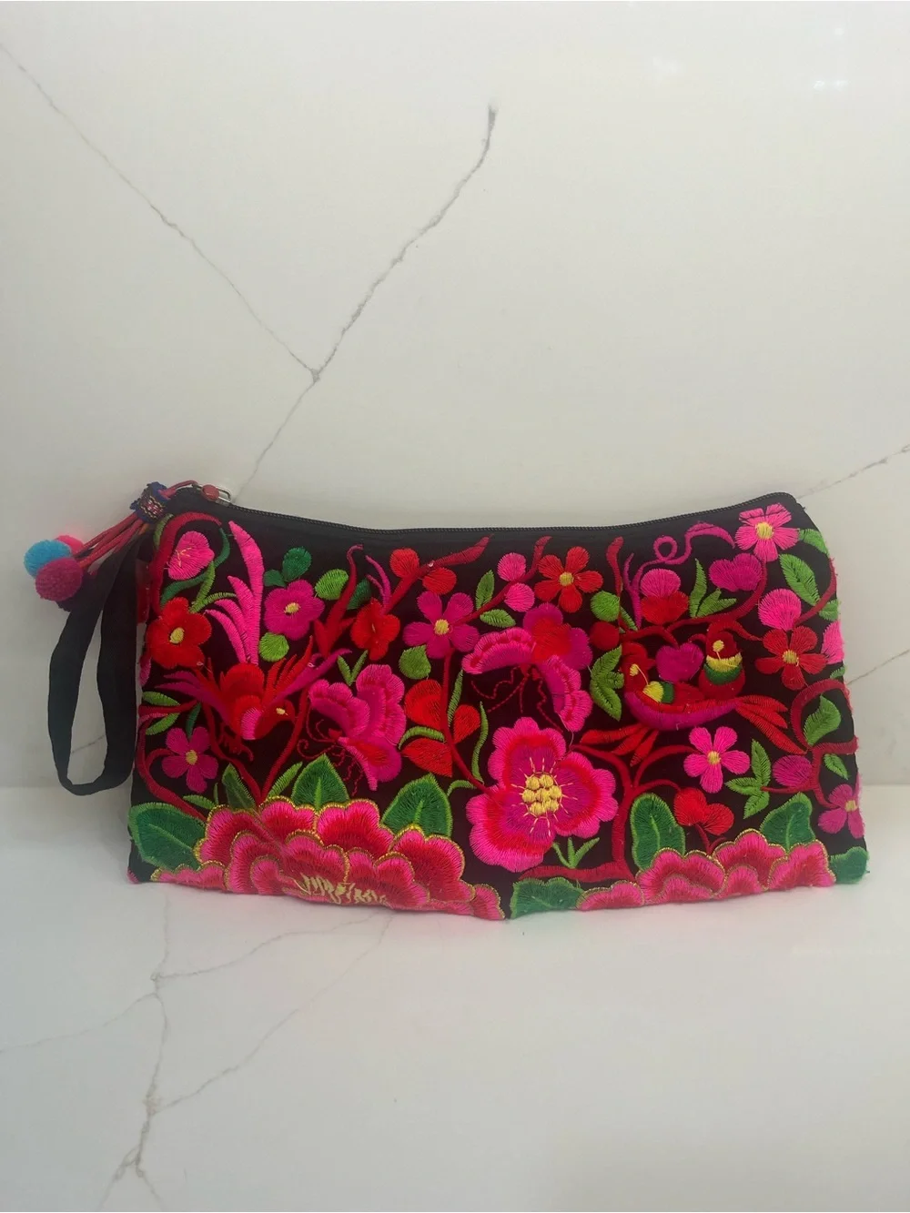Boho Embroidered Floral Wristlet Clutch | Pom Pom Tassel | Artisan